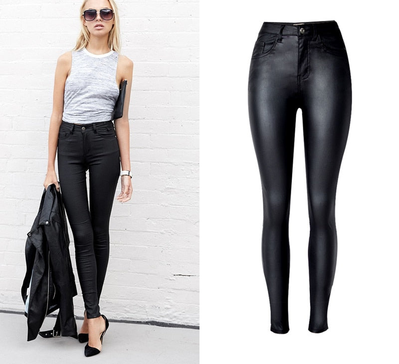 Women's Elastic Skinny Leather Look Jeans