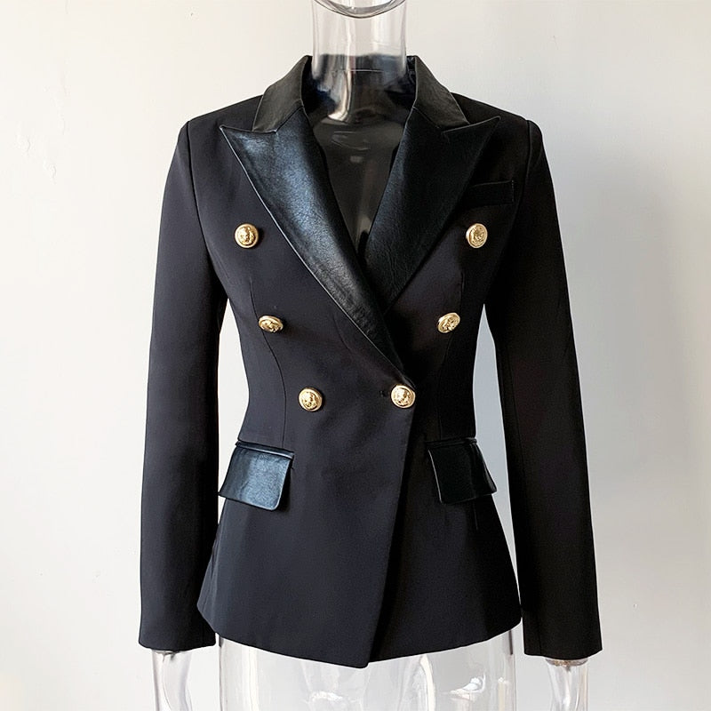 Black Women's Jacket with PU Leather Collar