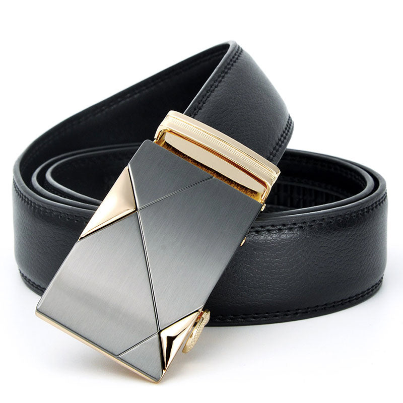 Luxury Genuine Leather Men's Belt with Geometric Buckle